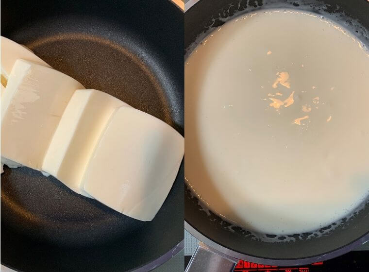 カットしたレアチーズをお鍋で加熱しているところ