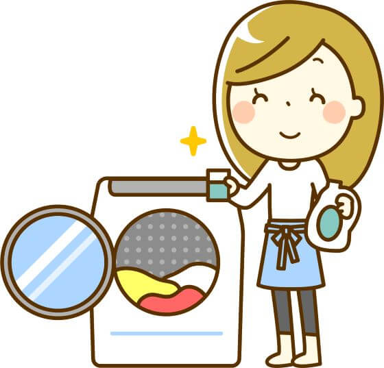 洗濯機の前で洗剤を計量する女性のイラスト